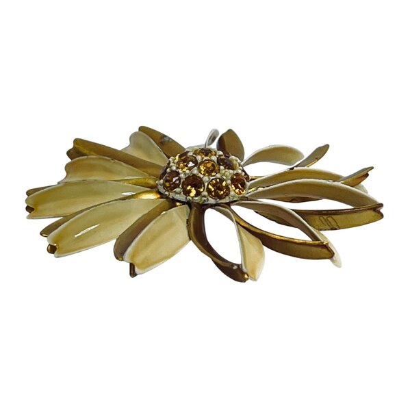 Vintage Gold Tone & Yellow Enamel Flower Brooch W/ Yellow Rhinestones (5733) - Picture 6 of 7